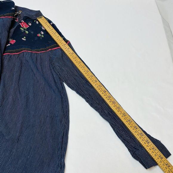Free People Hearts And Colors Tunic Top SMALL Navy Blue Pin Stripe Sheer Floral - Picture 6 of 15